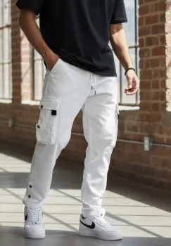 Pantaloni de trening cargo  albi  conici Y239 imagine