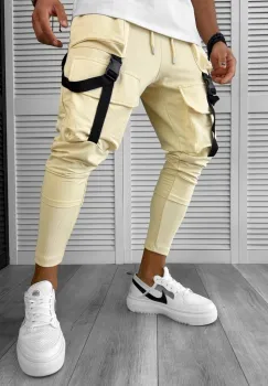 Pantaloni de trening cargo bej conici Y089 34-3 imagine