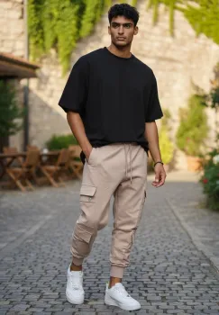 Pantaloni de trening cargo  crem  conici Y302 imagine