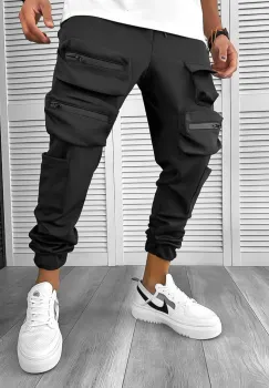 Pantaloni de trening cargo negri conici 12511 imagine