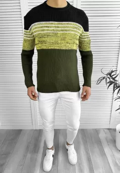 Pulover barbati gros kaki slim fit T3657 imagine