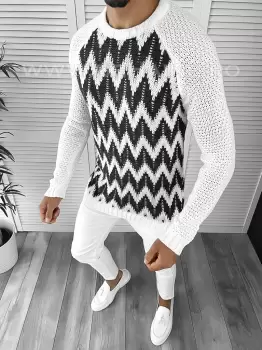 Pulover barbati gros slim fit alb T3613 I12-1/U5-1 imagine