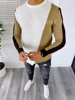 Pulover barbati gros slim fit alb T3619 imagine