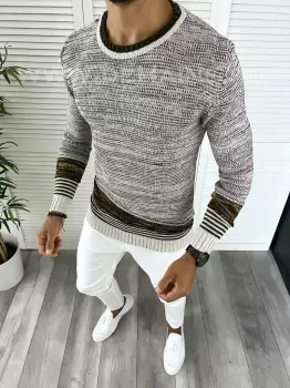 Pulover barbati gros slim fit bej T3616 85-3 E imagine