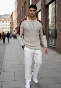 Pulover barbati gros slim fit bej ZR T3570 18-5.2 imagine