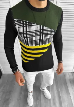 Pulover barbati gros slim fit kaki E3825 imagine