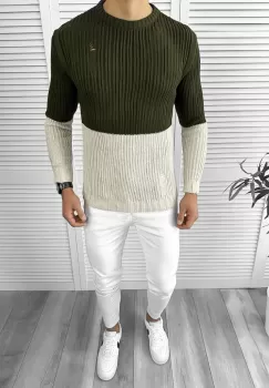 Pulover barbati gros slim fit kaki T3577 I17-4 E imagine