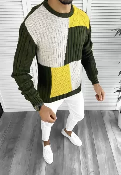 Pulover barbati gros slim fit kaki T3611 I14-5* E imagine