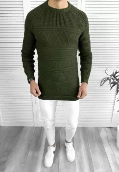 Pulover barbati gros slim fit kaki T3614 I17-3 imagine