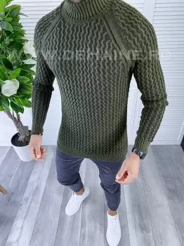 Pulover barbati gros slim fit kaki ZR T3712 i18-6** E imagine