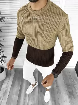 Pulover barbati gros slim fit maro T3577 I4-2 imagine