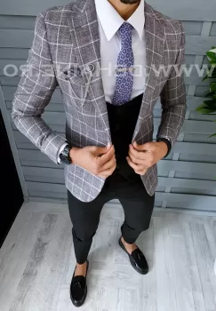 Sacou barbati in carouri slim fit B1543 S23 imagine