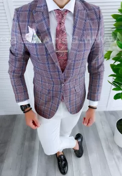 Sacou barbati in carouri slim fit B4238 X13-2 imagine