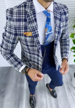 Sacou barbati in carouri slim fit B5293 K8-1 imagine