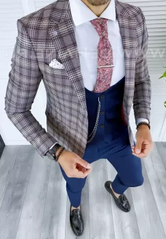 Sacou barbati in carouri slim fit B5297 X4-3 imagine