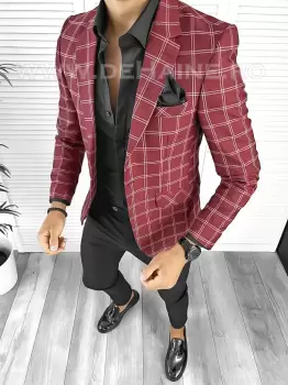 Sacou barbati slim fit grena in carouri B8332 79-4 E imagine