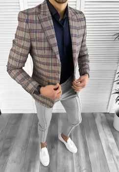 Sacou barbati slim fit in carouri 10205 E imagine