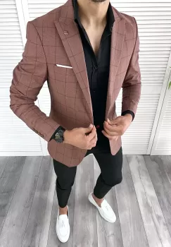 Sacou barbati slim fit in carouri 11977 D3-3.1 imagine