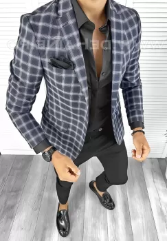 Sacou barbati slim fit in carouri B8304  imagine