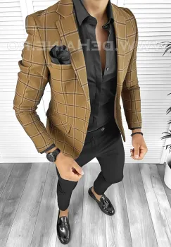 Sacou barbati slim fit in carouri B8314 8-4 imagine