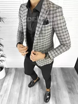 Sacou barbati slim fit in carouri B8315 8-4 imagine