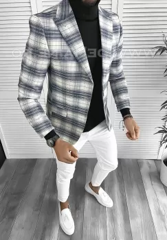 Sacou barbati slim fit in carouri B9745 imagine