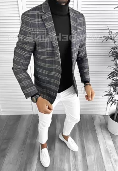 Sacou barbati slim fit in carouri B9746 imagine