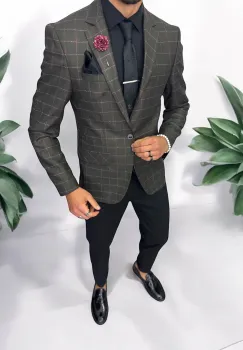 Sacou barbati slim fit kaki in carouri 784 imagine