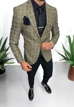 Sacou barbati slim fit kaki in carouri 875 imagine