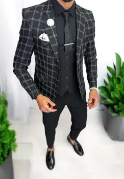 Sacou barbati slim fit negru in carouri 929 imagine