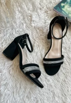 Sandale dama cu toc gros negre piele intoarsa GH115 imagine