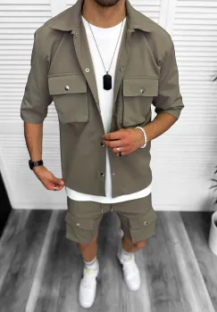 Trening barbati slim fit kaki pantaloni scurti + camasa 6050a imagine