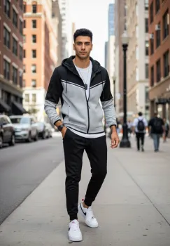 Trening barbati slim fit negru cu gri   Pantaloni + Hanorac RM08 imagine