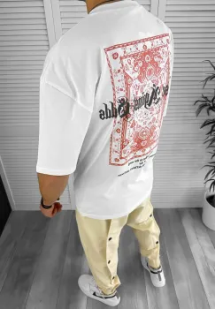 Tricou barbati alb cu imprimeu pe spate oversize 13045 O6-6.1 imagine