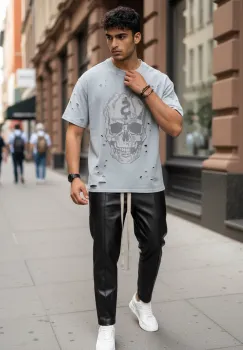 Tricou barbati gri  cu imprimeu   oversize Y238 imagine