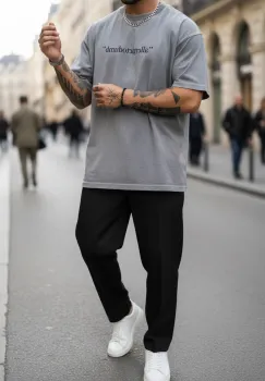 Tricou barbati  gri   oversize  premium Y110 imagine