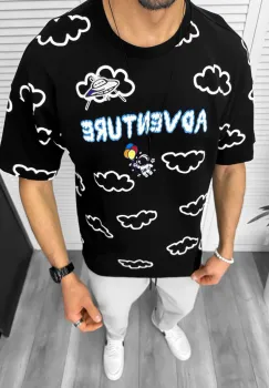Tricou barbati negru  cu imprimeu  oversize y061 imagine