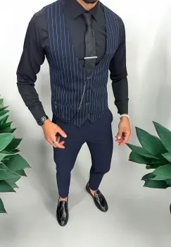 Vesta barbati eleganta slim fit  bleumarin cu dungi albe   13214 imagine