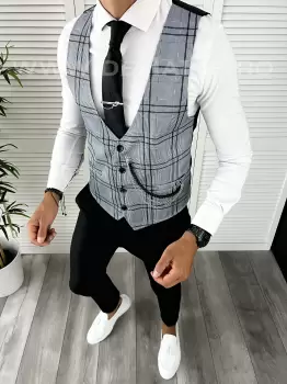 Vesta barbati eleganta slim fit in carouri V67 E imagine