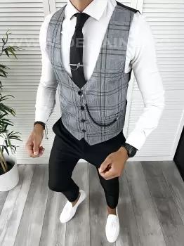 Vesta barbati eleganta slim fit in carouri V68 E imagine