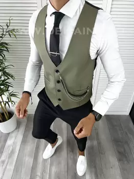 Vesta barbati eleganta slim fit kaki V8 E 142-3 imagine