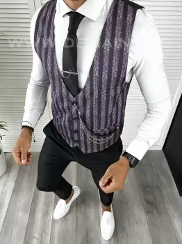 Vesta barbati eleganta slim fit mov cu imprimeu V2 141-2 E imagine