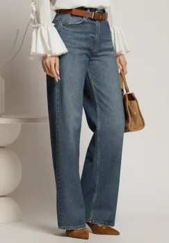 Blugi albastri din denim cu croi evazat si talie inalta imagine