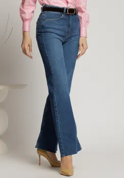 Blugi albastri din denim cu talie inalta si croi evazat imagine