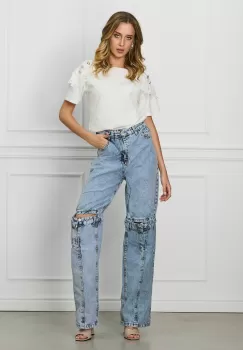 Blugi Corina albastri cu decupaje si fermaore la genunchi imagine