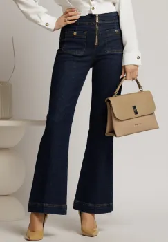 Blugi dama bleumarin evazati cu buzunare patrate si fermoar metalic imagine