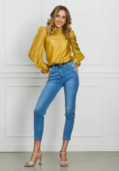 Blugi Mona albastri cu nasturi la buzunare si curea in talie imagine