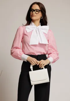 Bluza alba cu dungi roz din poplin cu esarfa tip funda la gat imagine