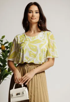 Bluza alba cu imprimeuri verde lime din lycra si maneci din voal imagine