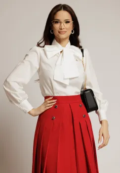 Bluza alba din poplin cu esarfa tip funda la gat imagine